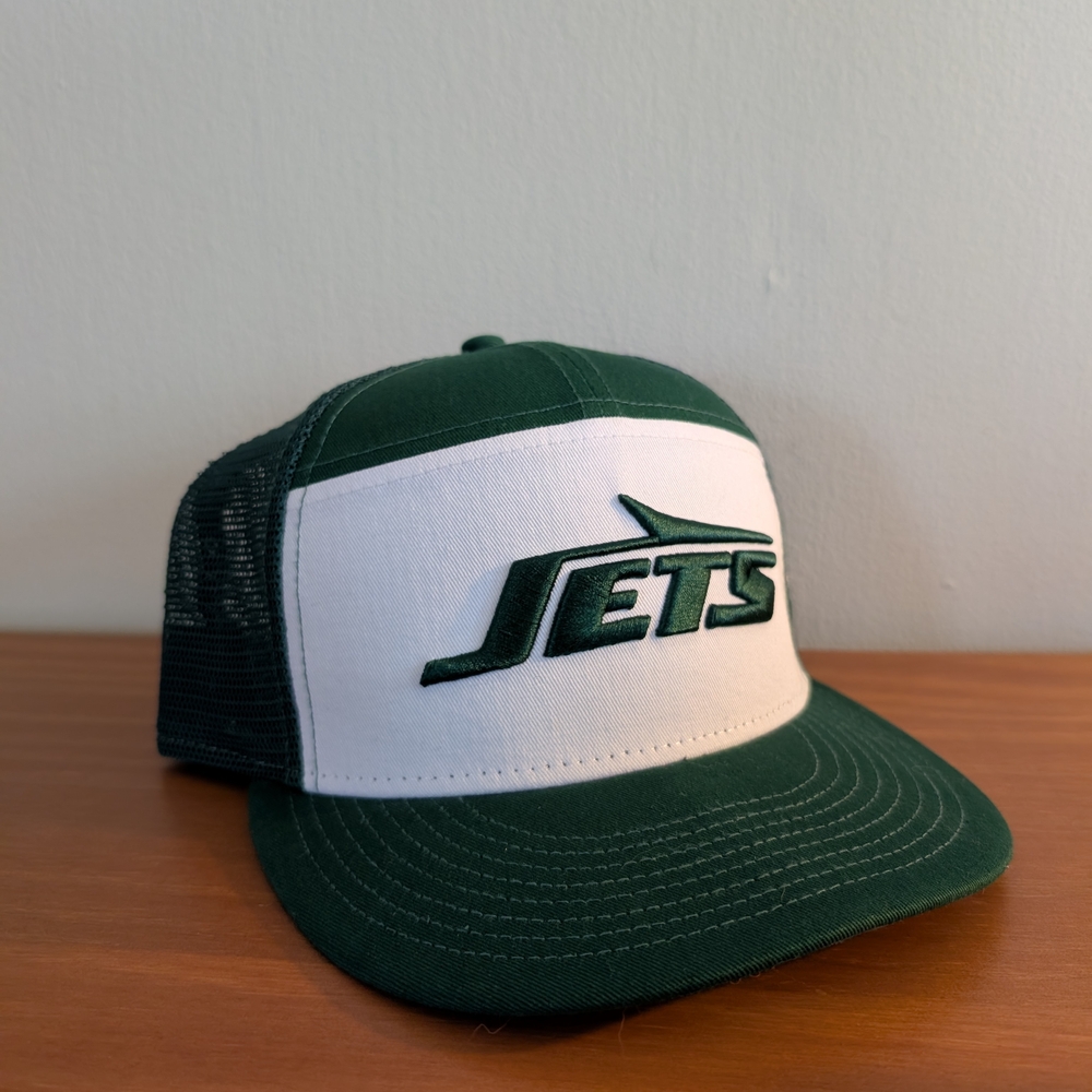New Era Green and White Trucker Panel Jets Hat